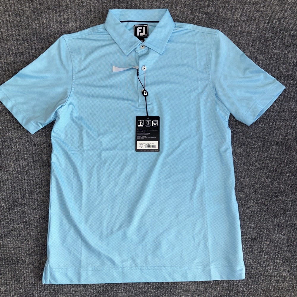 FootJoy Junior M Golf Shirt Light Blue Tonal Dot Print Performance Polo 30480